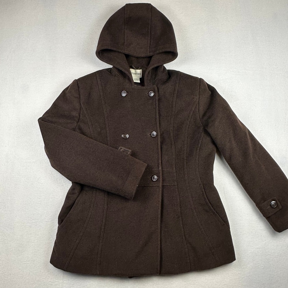 St Johns Bay Peacoat Womens XL Brown Wool Cashmere Hooded Winter Warm Classic